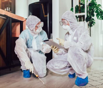 Specialists in protective suits do disinfection or pest control in the apartment.