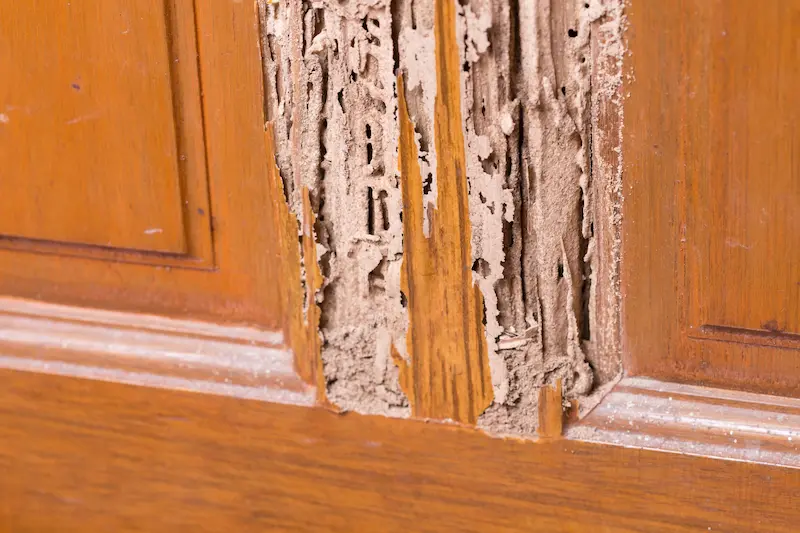 Kitchen cabinets with termite damage in need of repair.