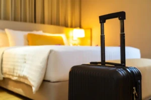 Luggage in a hotel room. Bed bugs often hitch rides in suitcases.