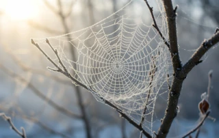 Spider web on a frosty tree outside.