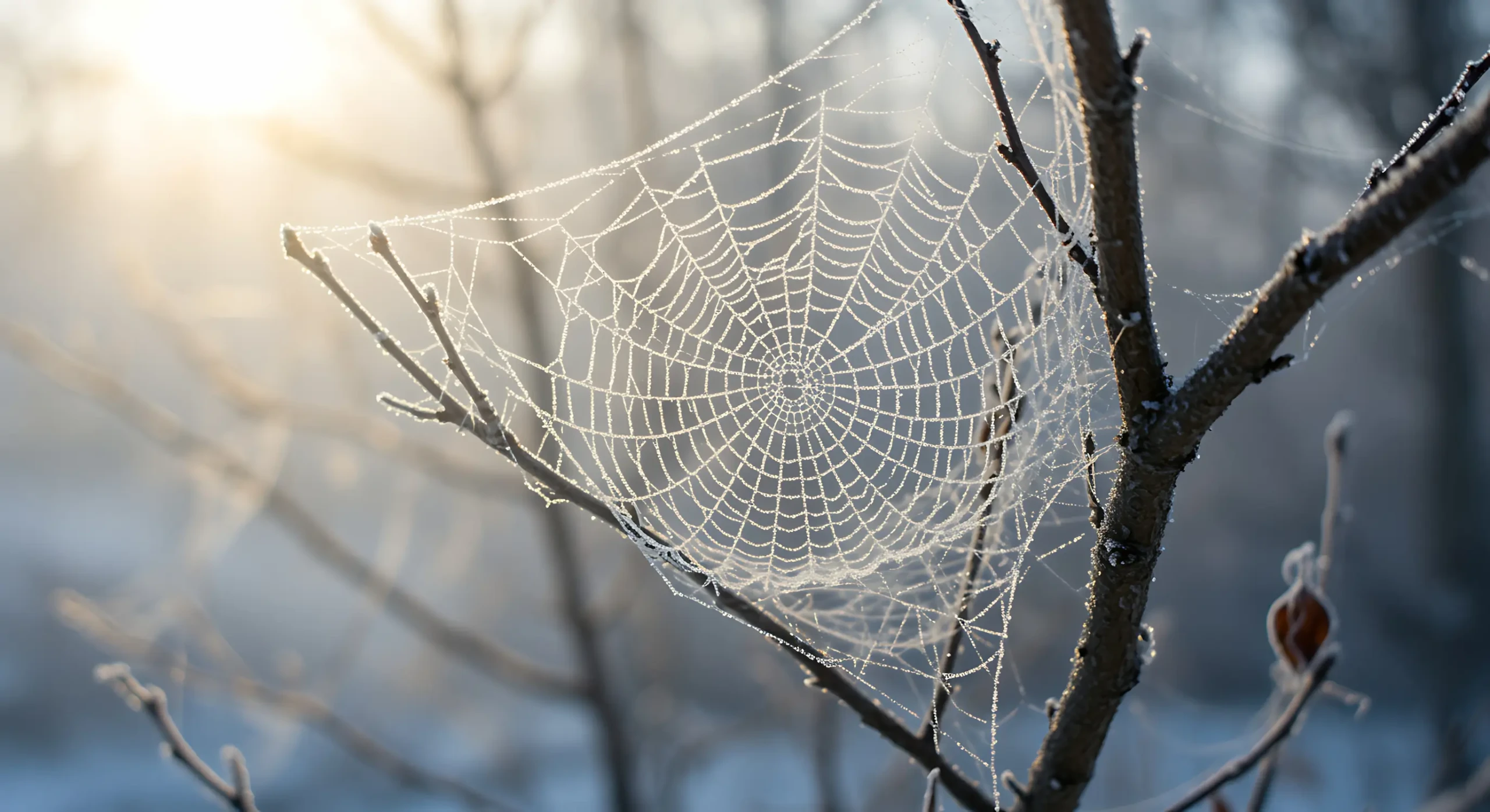 Spider web on a frosty tree outside.